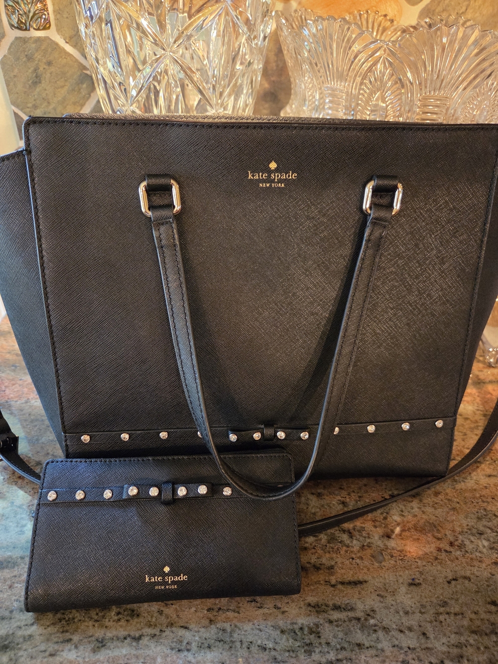 kate spade Black Saffiano With Rhinestones Leather Bag with Wallet Set